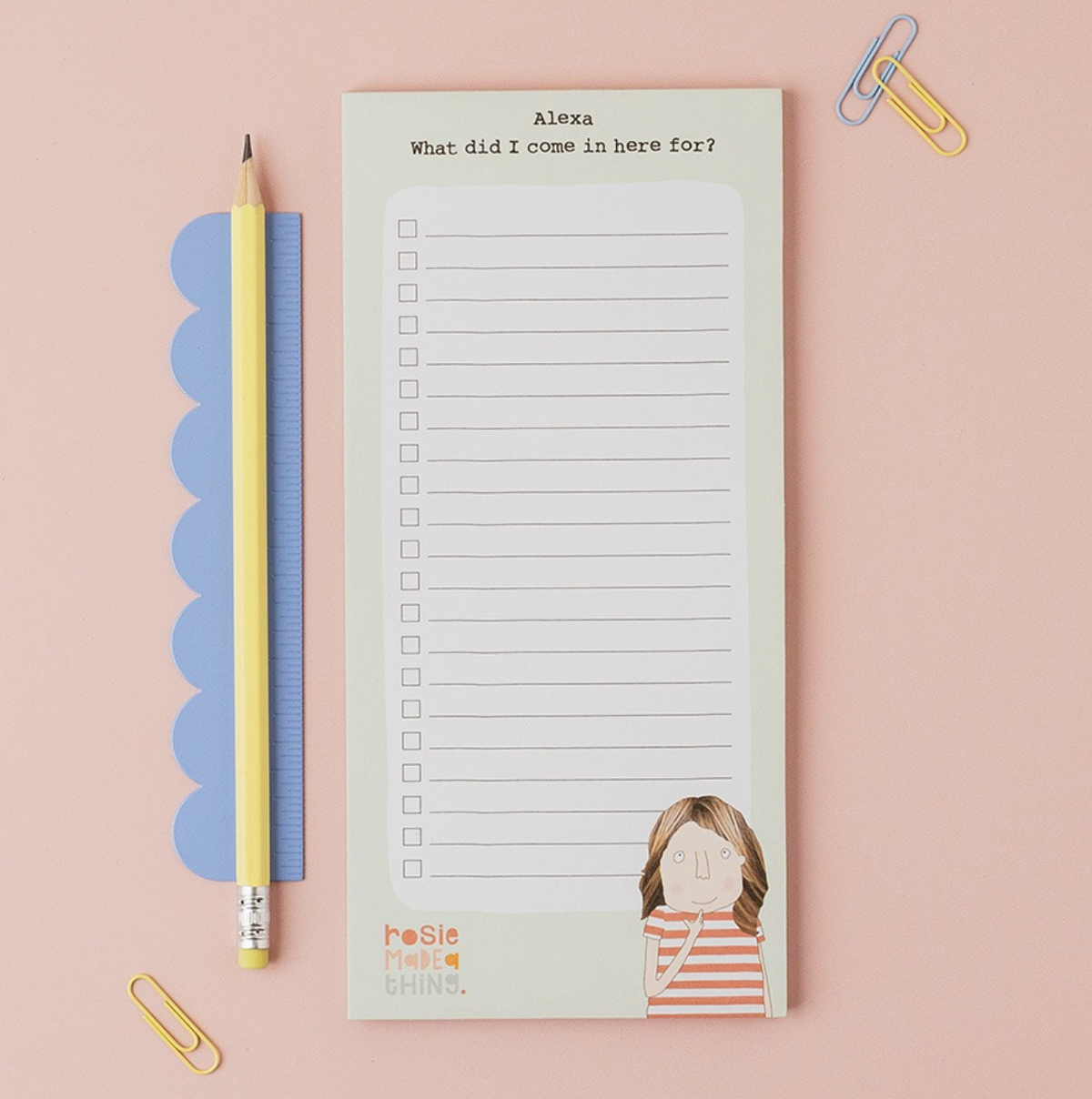 A personalized notepad with the name 'Alexa' and the printed phrase 'What did I come in here for?' on a pale pink background. Rosie Made a Thing | Listy Jot Pad - Come Here