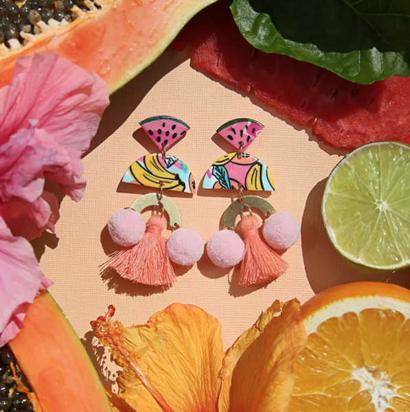 Watermelon Pom Pom Earrings