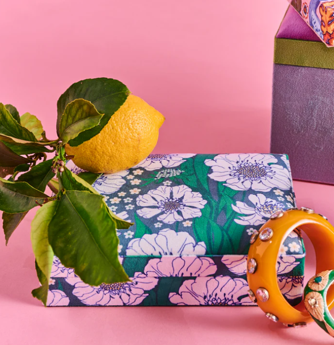 Tumbling Flowers Green Velvet Jewellery Box