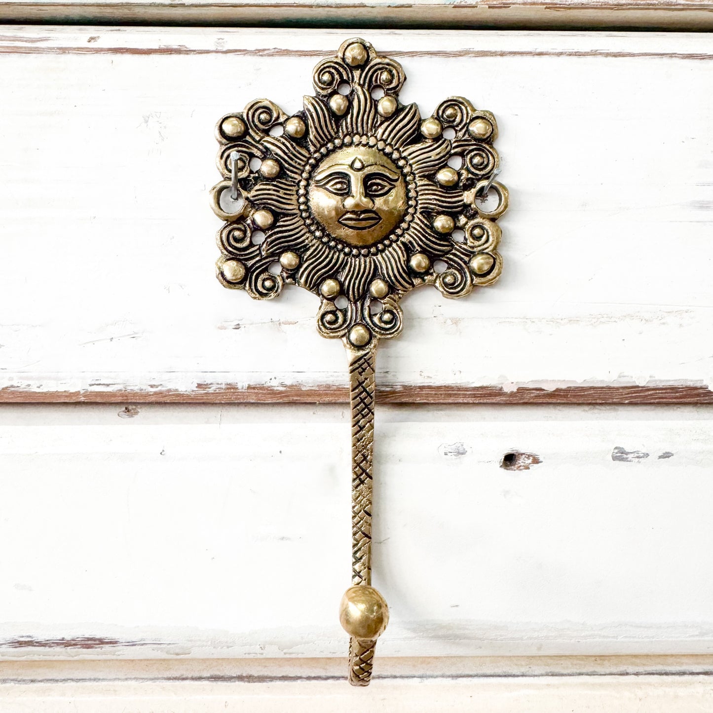 Sun & Wind Hook - GOLD coloured brass hook of sun with face