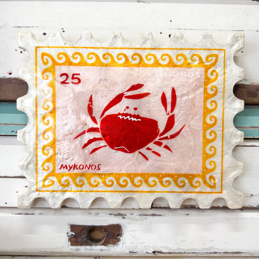 Jones and Co Handpainted red crab with wording "karkinos' and "mykonos" on capiz shell  tile