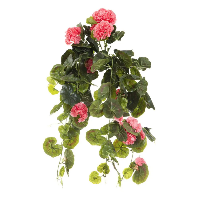 Artificial hanging plant with pink flowers and green leaves
The Brightside Store | Geranium Bush