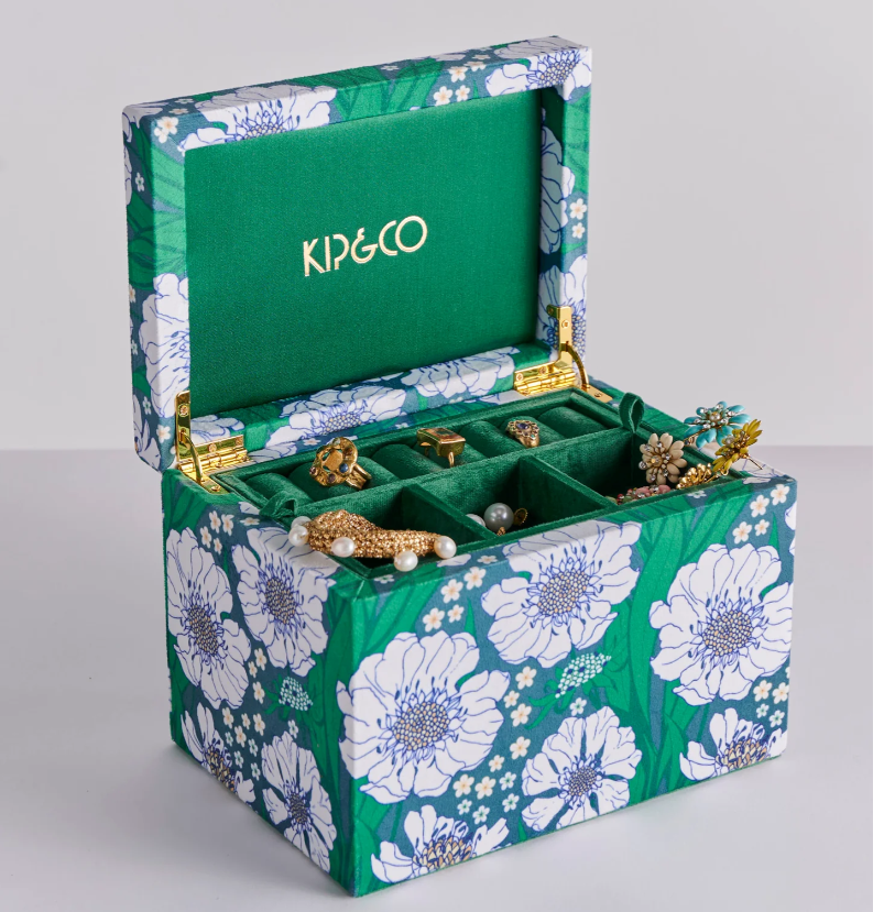 Jewellery box with floral design and gold jewellery by Kip & Co