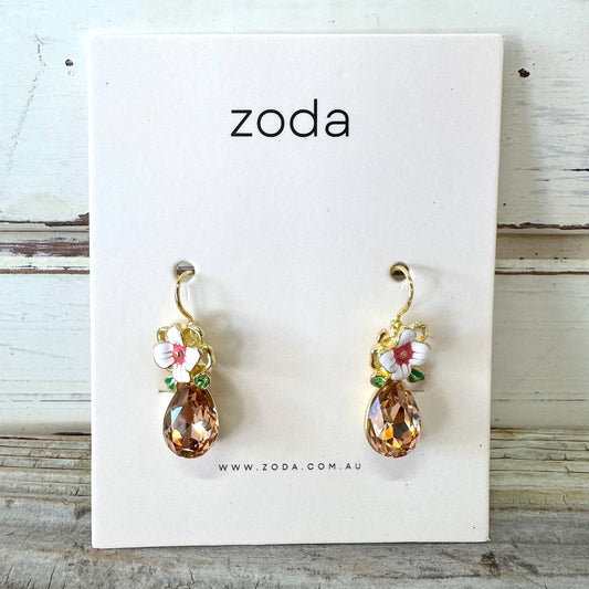 ZODA Kyla Gem Earrings FLOWER AND AMBER GLASS CUT BEAD