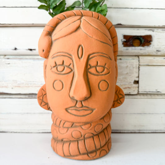 JONES AND CO TERRACOTTA CLAY VASE WOMANS HEAD WITH SNAKE DESIGN