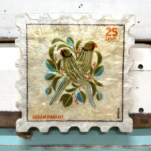 JONES AND CO POSTAGE STAMP PARROTS ART