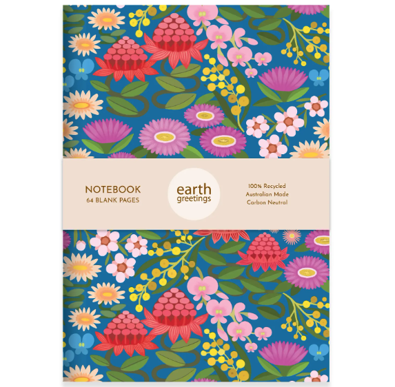 Floral notebook with 'earth greetings' branding on a white background