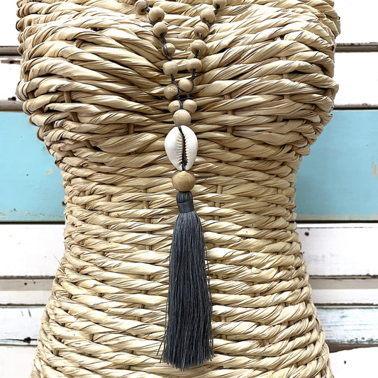 Cowrie Tassel Necklace ~ Charcoal