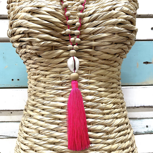 Cowrie Tassel Necklace ~ Hot Pink