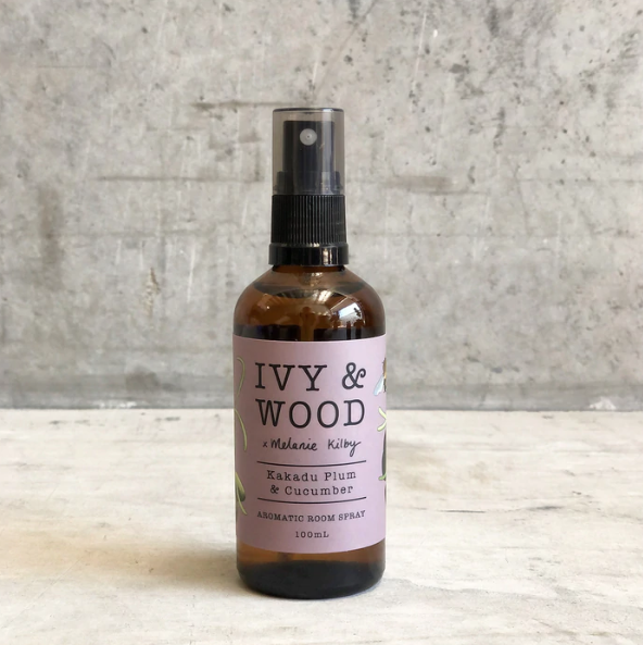 A bottle of Ivy & Wood room spray with a label that reads 'Kakadu Plum & Cucumber' - Ivy & Wood - Kakadu Plum & Cucumber Room Spray