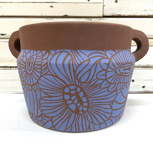 JONES AND CO CERAMIC PLANTER WITH BLUE FLORAL PATTERN ON DEEP BROWN
