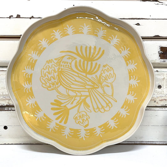 JONES AND CO CERAMIC ROUND PLATTER WITH YELLOW BIRD DESIGN