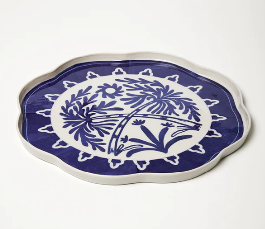 JONES AND CO CERAMIC ROUND PLATTER WITH BLUE PALM DESIGN