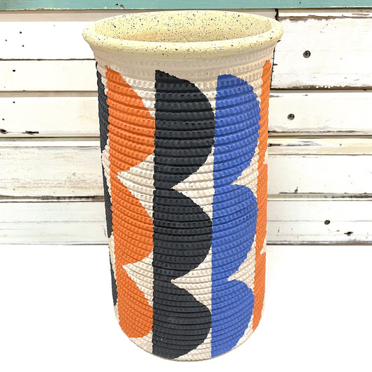JONES AND CO TALL CERAMIC VASE WITH RIBBED TEXTURE AND CIRCLE PATTERNS