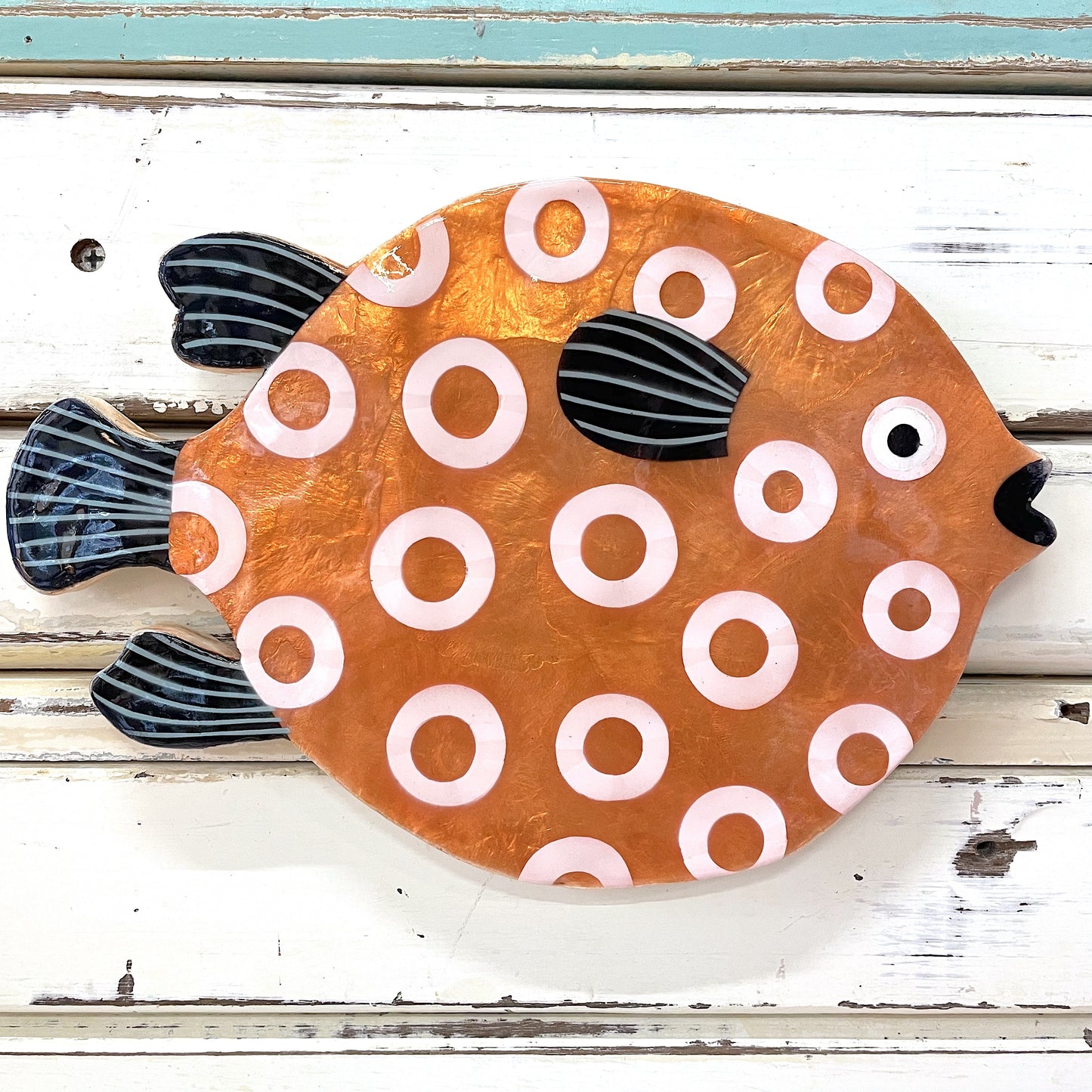 JONES AND CO PUFFER FISH ORANGE CAPIZ SHELL ART