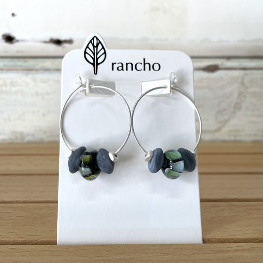 RANCHO DESIGN Blue Glass Hoop Earrings A pair of blue glass bead hoop earrings