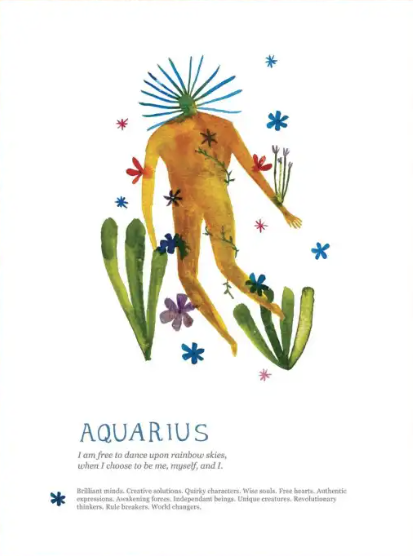 Illustration of a zodiac sign, Aquarius, with colorful elements on a white background.