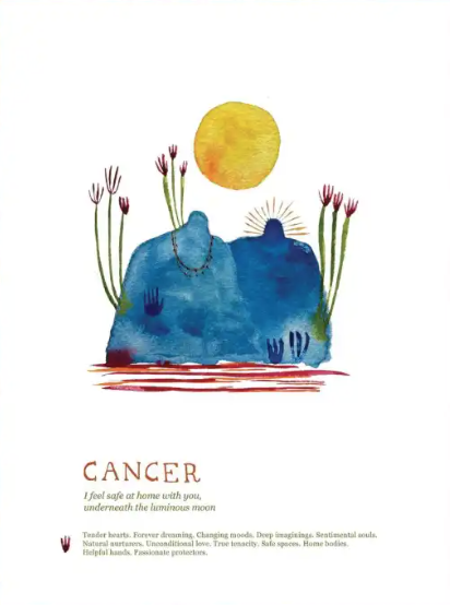 Illustration of a blue cancer zodiac sign with plants and a sun, on a white background.