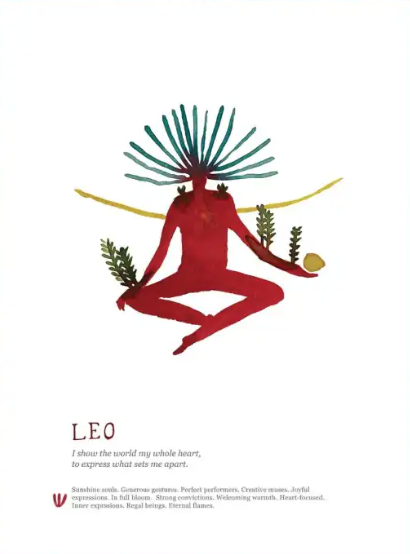 Illustration of a red figure with green hair and plants, labeled 'Leo', on a white background.