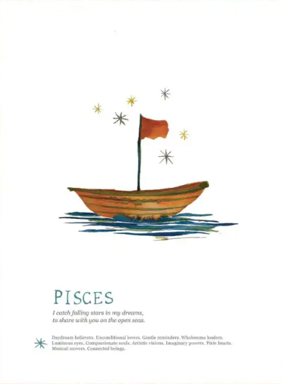 Illustration of a boat with a flag on water, labeled 'Pisces' with text underneath.