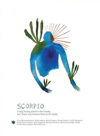 Artistic depiction of a blue figure with plant-like appendages on a white background, labeled 'Scorpio'.