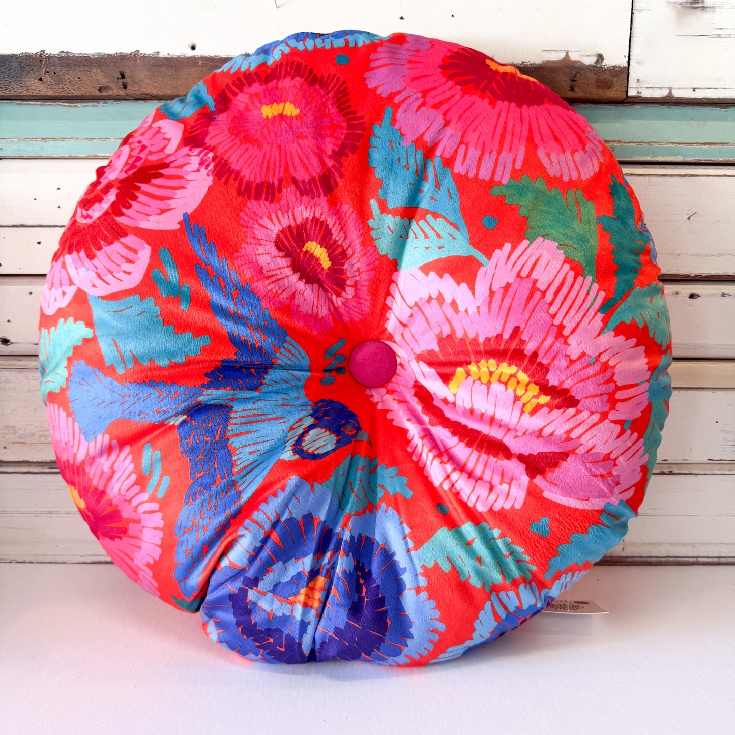 Colorful floral-patterned round cushion 
Anna Chandler Design - Birds & Roses Round Cushion