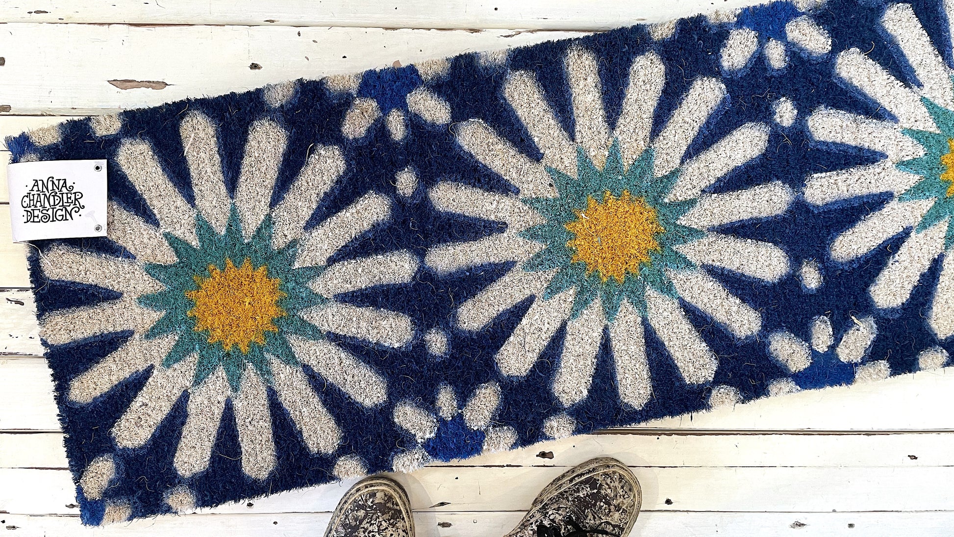 Coir doormat with daisy pattern on blue by  Anna Chandler Design - Casablanca Long Doormat 