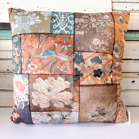 Patchwork printed pillow with floral and bird patterns 
Anna Chandler Design - Faded Grandeur Cushion 50cm