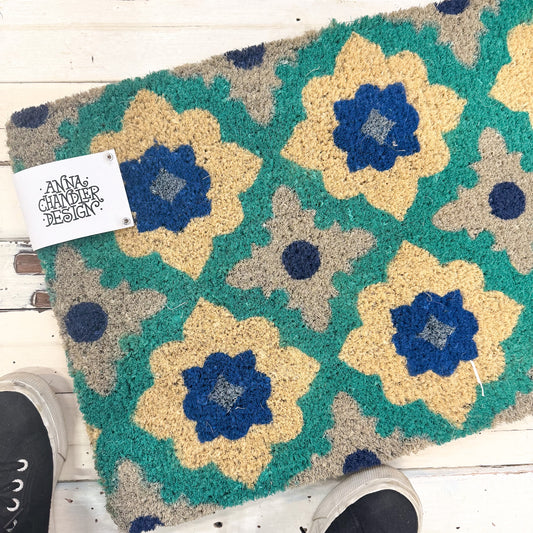 Floral patterned doormat with blue and yellow flowers by Anna Chandler Design