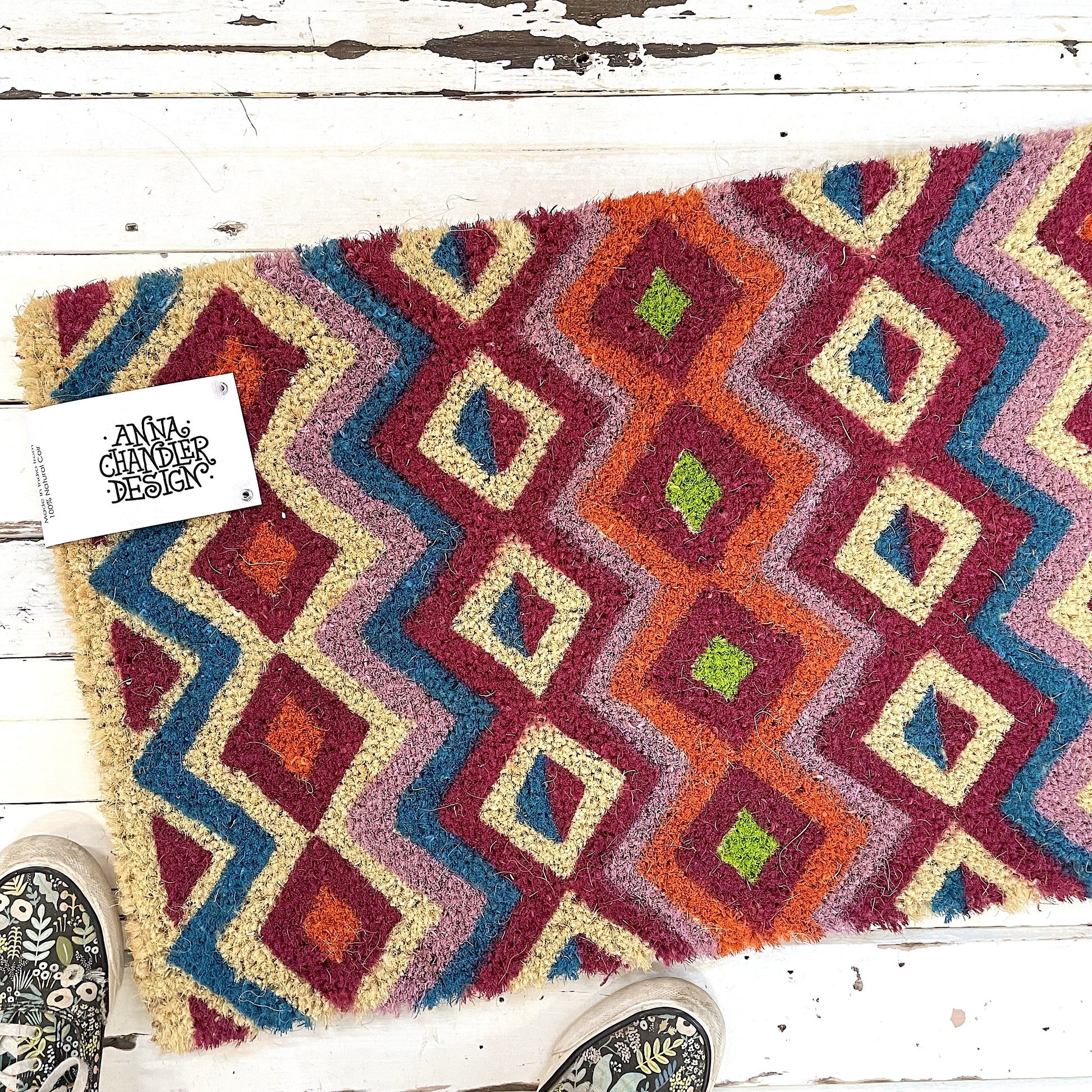 Colourful geometric patterned doormat by Anna Chandler Design - Pink Diamond Doormat