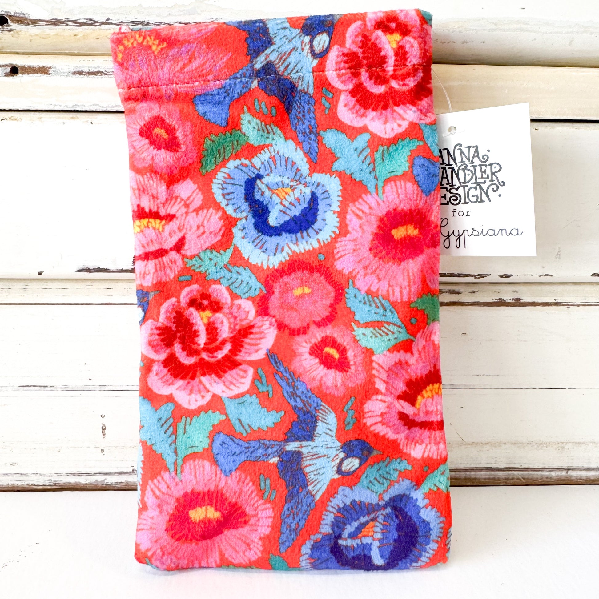 Floral embroidered fabric with colorful flowers and birds 
Anna Chandler Design - Velvet Glasses Case - Birds & Roses