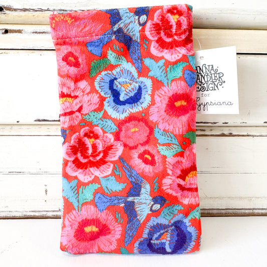 Floral embroidered fabric with colorful flowers and birds 
Anna Chandler Design - Velvet Glasses Case - Birds & Roses