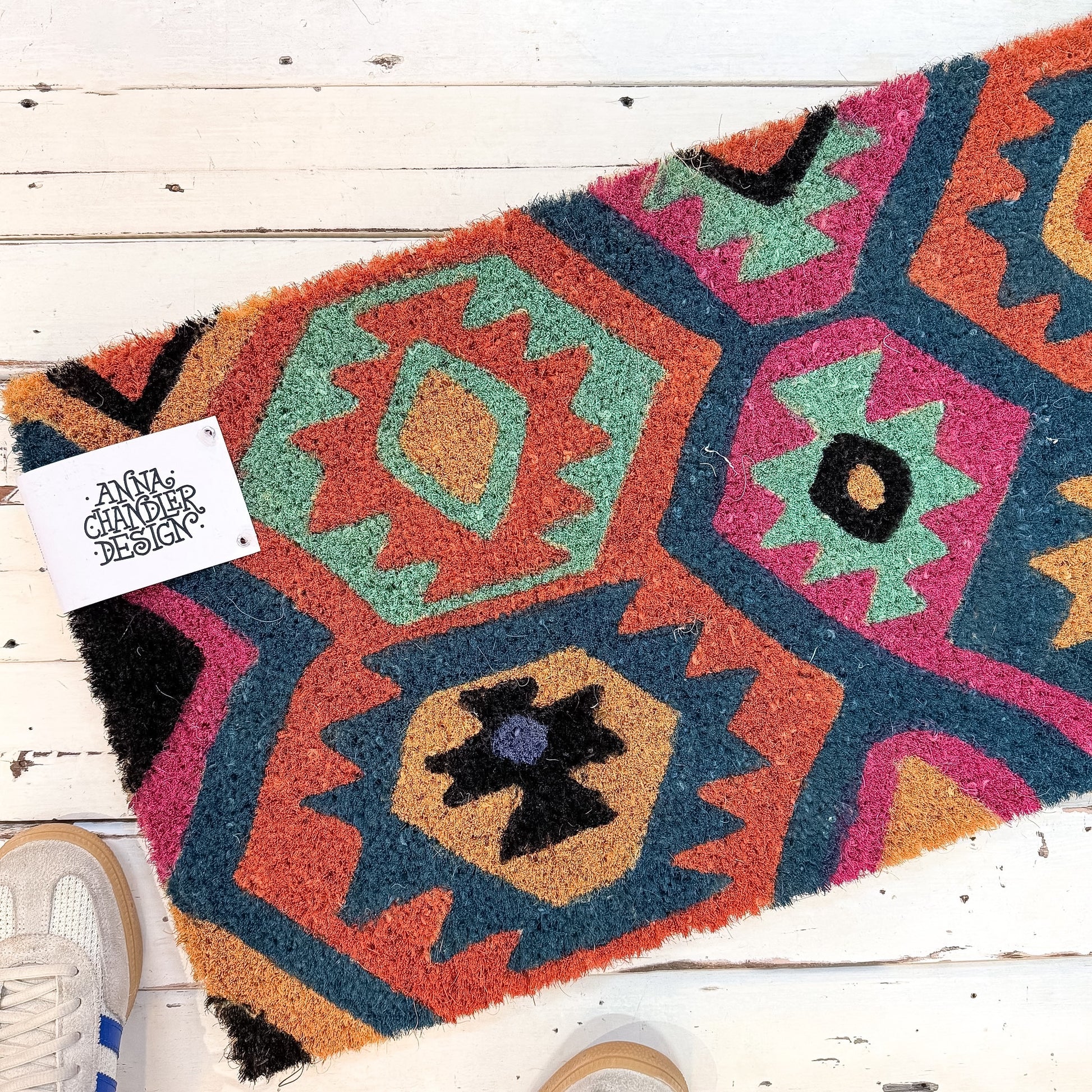 Colorful geometric-patterned rug. Anna Chandler Doormat - Kelim Long