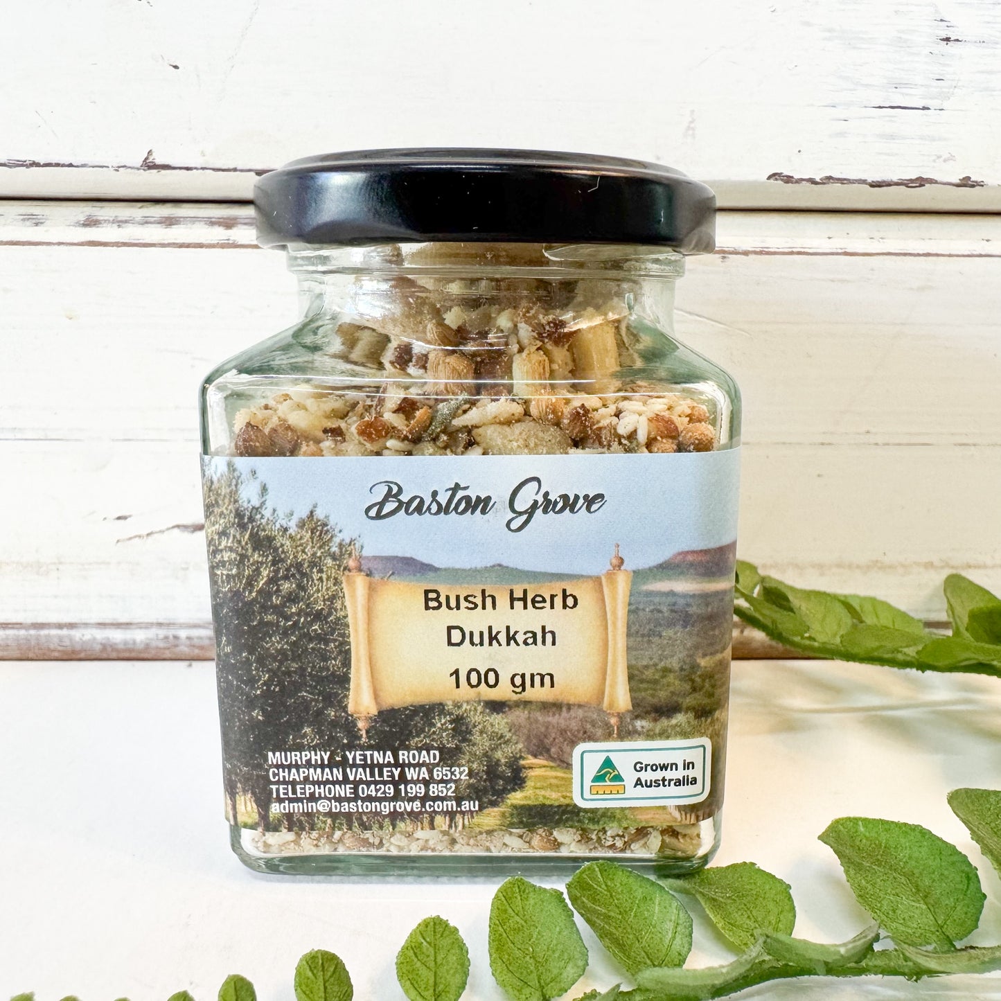 Jar of Baston Grove Bush Herb Dukkah with a label on a white background