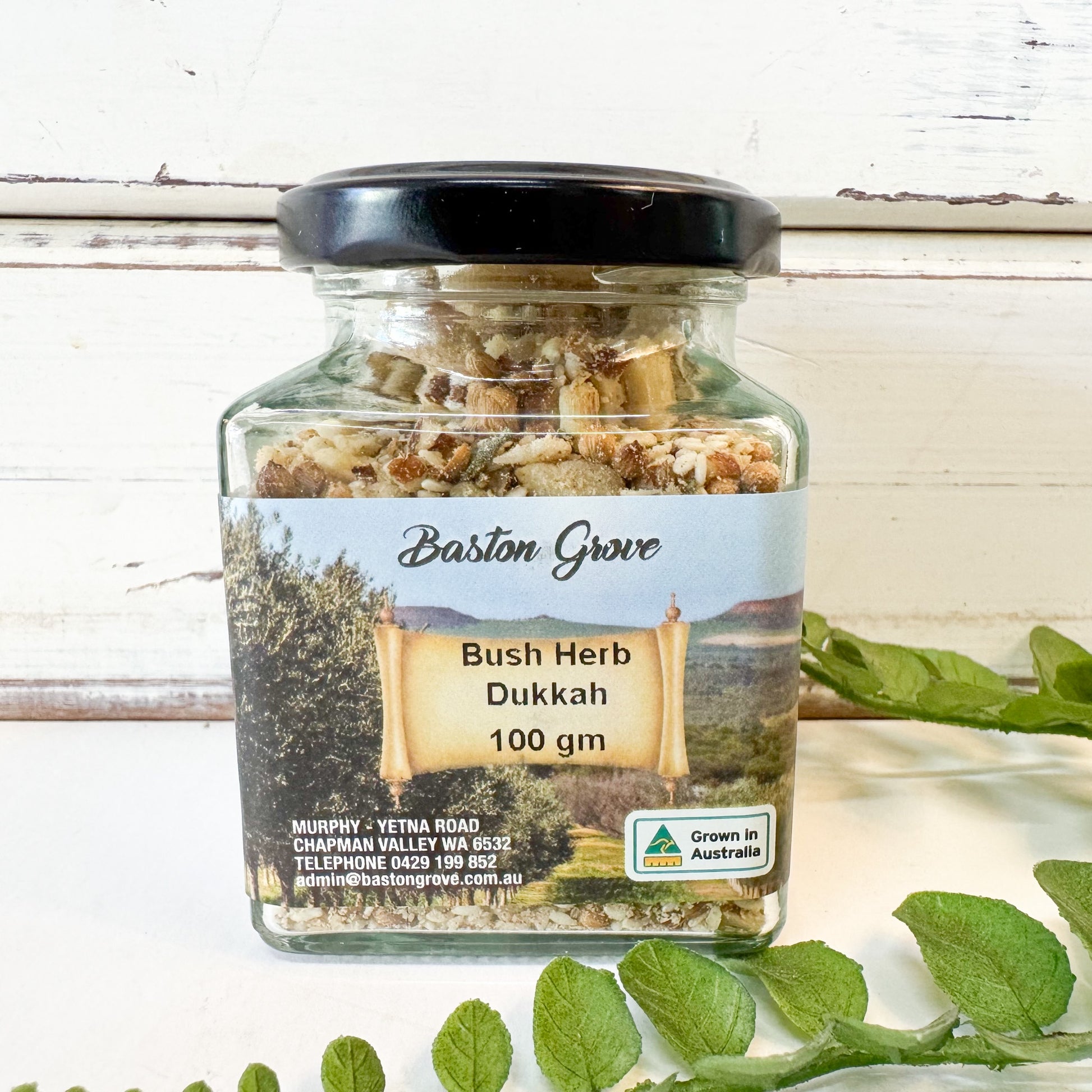 Jar of Baston Grove Bush Herb Dukkah with a label on a white background