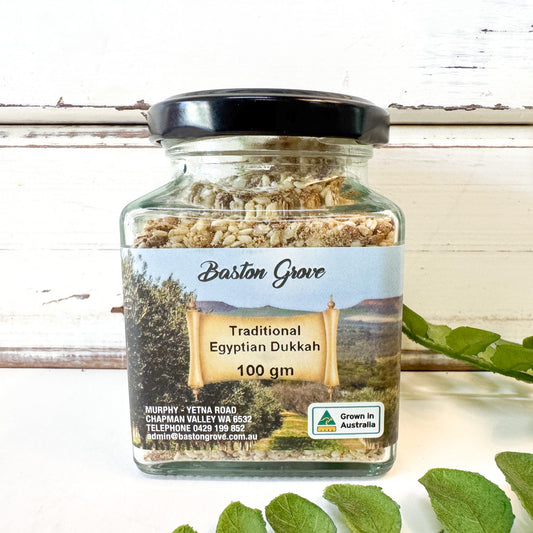 Jar of Baston Grove Traditional Egyptian Dukkah with a label Baston Grove - Traditional Egyptian Dukkah