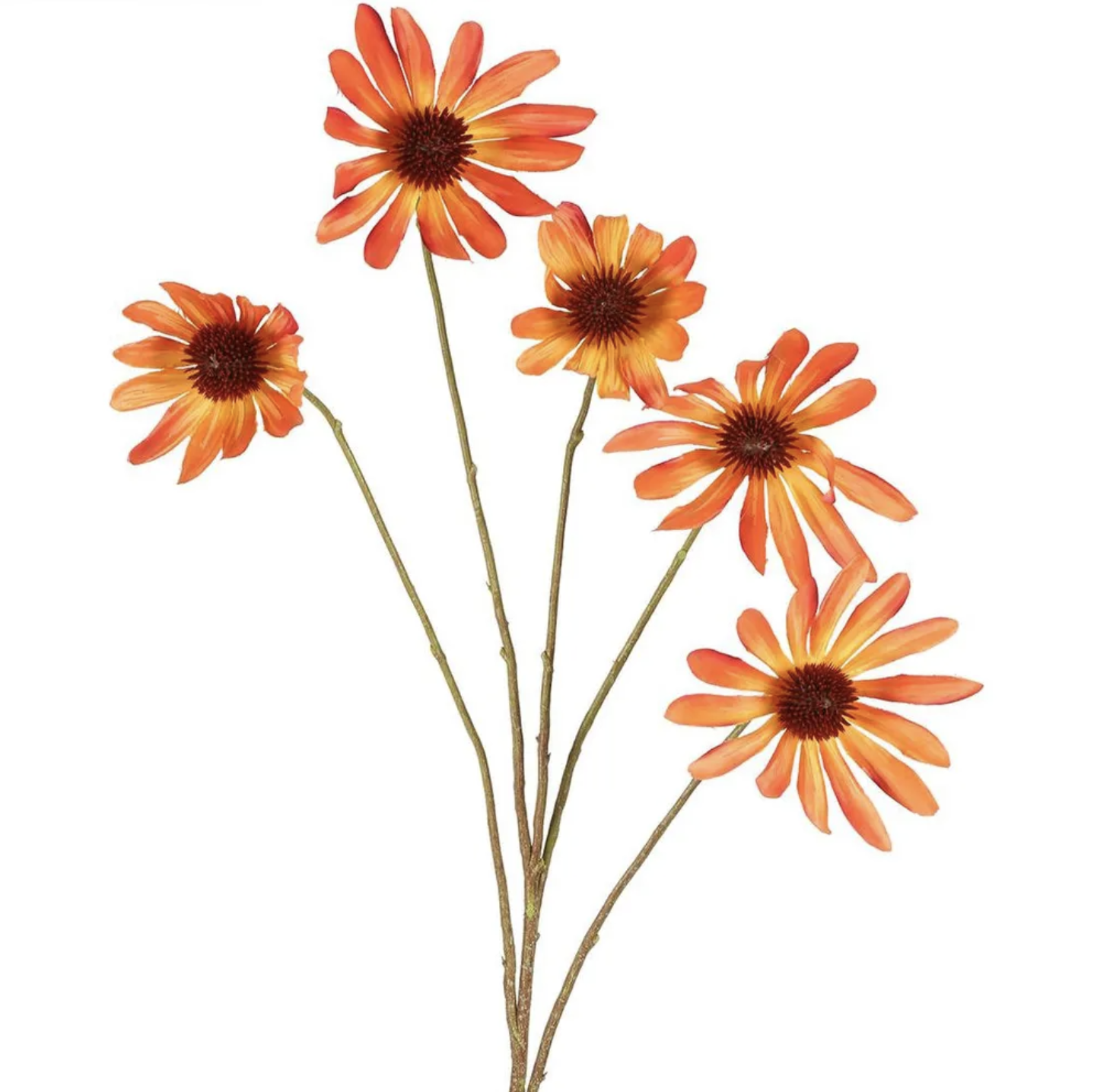 Artificial flower stem with orange flowers on a white background