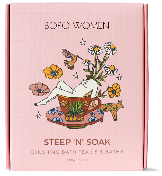 BOPO Women Steep 'N' Soak packaging with illustrations of a woman in a teacup and flowers on a pink background.