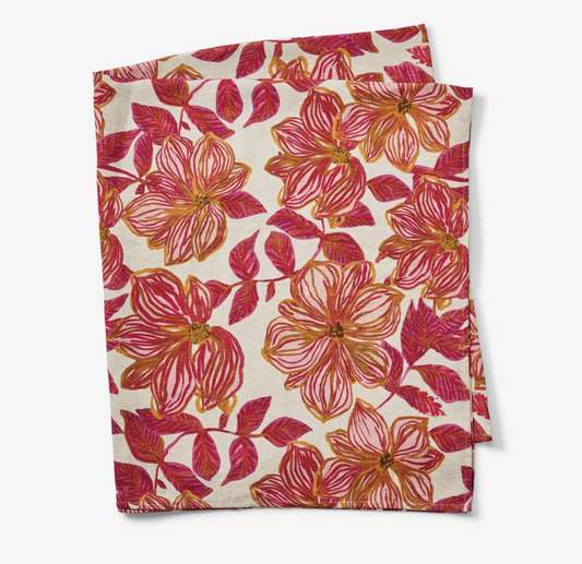 Bonnie & Neil - Azalea Pink Tablecloth - 250x170cm Floral patterned linen Tablecloth with pink and orange flowers printed on linen. 