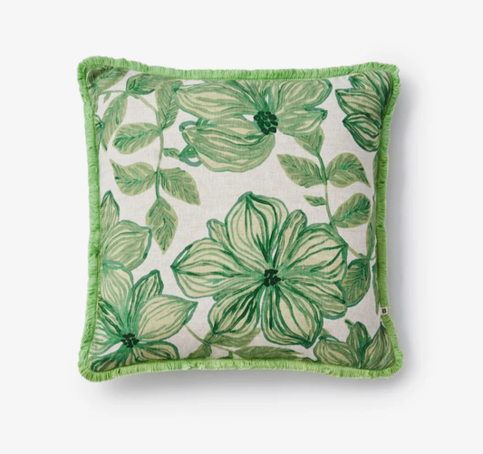 Bonnie & Neil - Azalea Sage 50cm Cushion. Decorative pillow with green floral pattern on linen with lime green fringe.