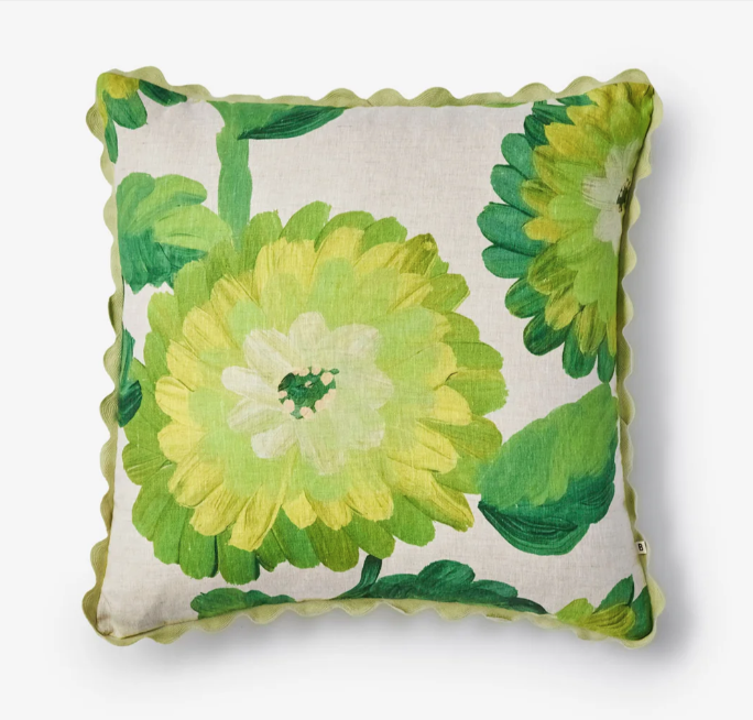  Bonnie & Neil - Dahlia Green 60cm Cushion. Floral pillow with green and yellow flowers printed on linen ith a lime scallop edge