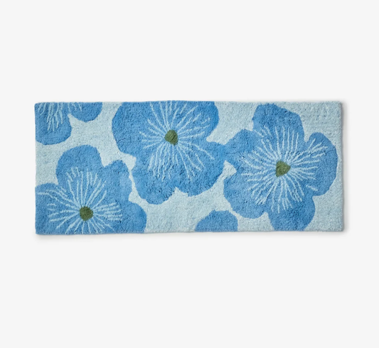 Bonnie & Neil - Jardin Blue Long Bath Mat. Floral patterned bath mat with blue flowers on a light blue background