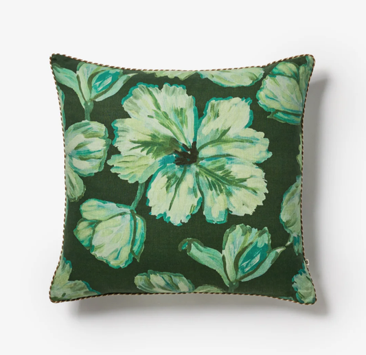 Bonnie & Neil - Tulip Forest 60cm Cushion with green floral pattern on dark green line with striped piping.