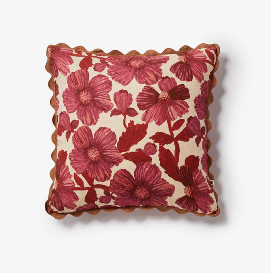 Bonnie & Neil - Woodland Rose 50cm Cushion. Floral printed cushion with red flowers on a beige linen with rust brown scalloped piping.