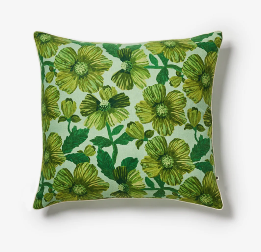 Bonnie & Neil - Woodland Sage 60cm Cushion. Floral patterned linen cushion with green flowers on a light green background with thin cream piping.