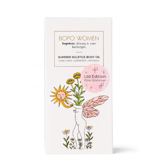 A deeply hydrating & gorgeous pink shimmer oil with a delicate floral scent of ylang ylang, grapefruit, mandarin and sweet orange. Available at The Brightside Store.