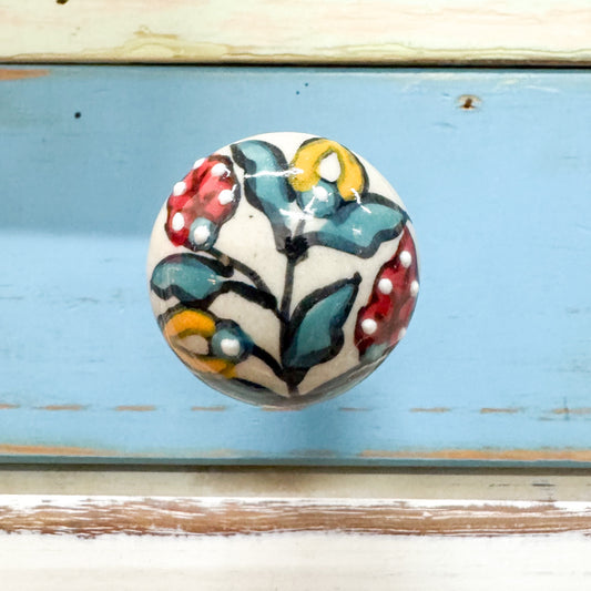 Decorative ceramic knob hook with floral design 