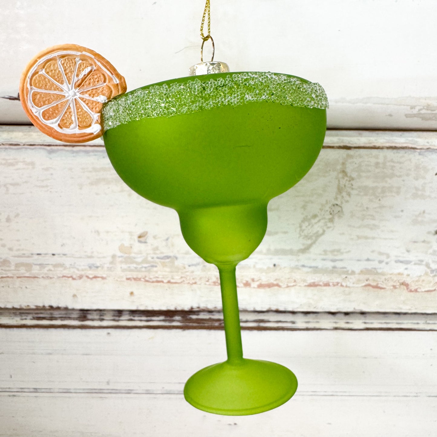 Green margarita glass ornament with a sugar rim and orange slice - Christmas Decoration - La Dolce Vita Cocktail Decoration