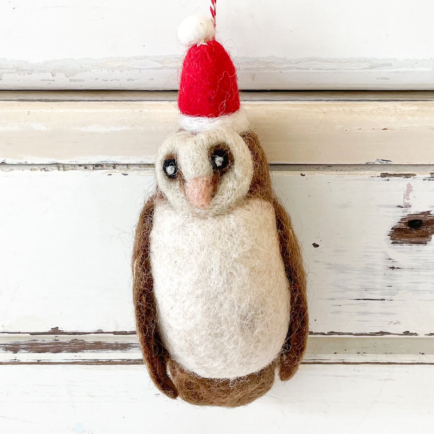 Felted owl ornament with a red and white hat -Christmas Decorations - Barn Owl Owen