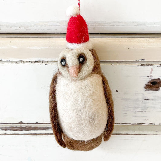 Felted owl ornament with a red and white hat -Christmas Decorations - Barn Owl Owen